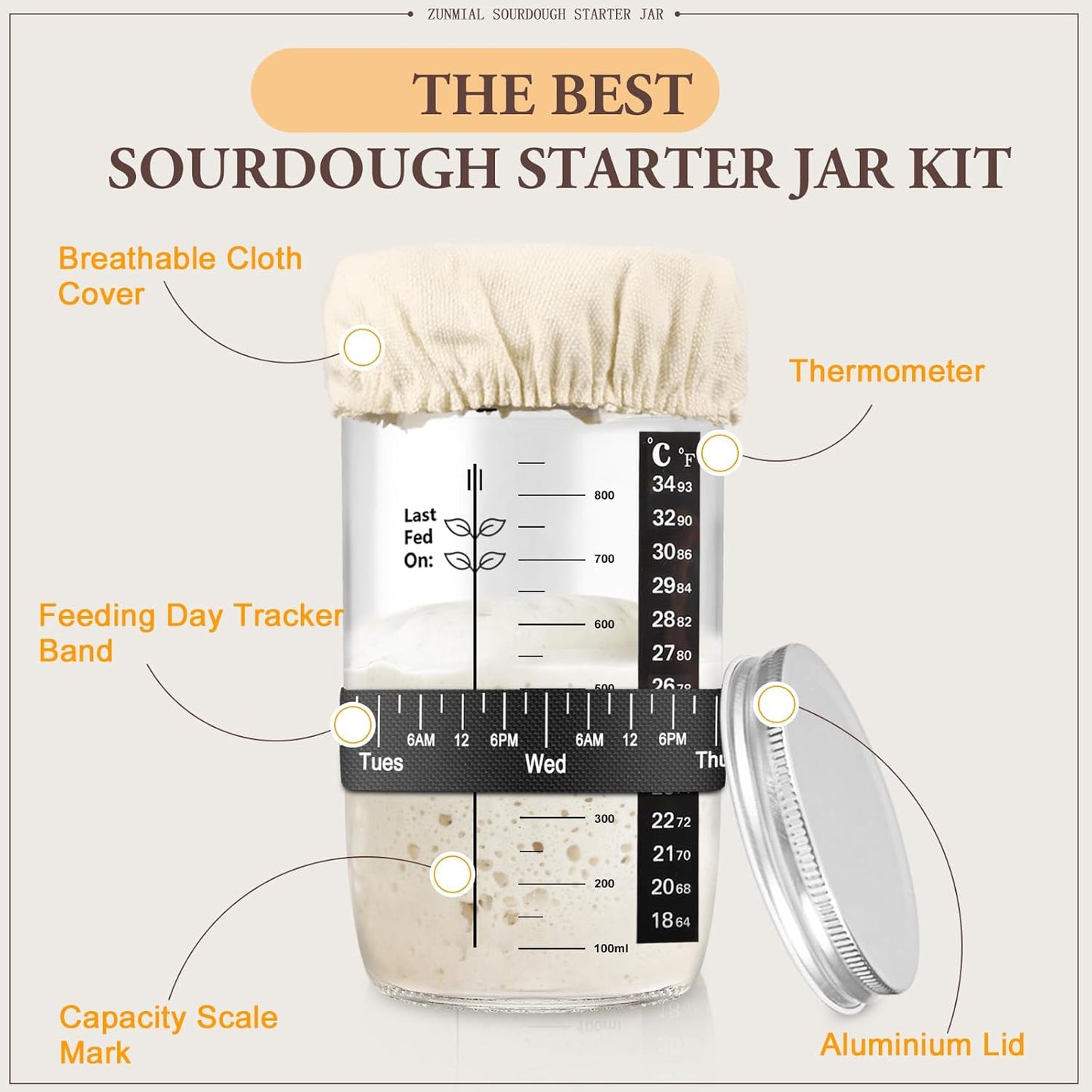 Sourdough Starter Kit, 34OZ Sourdough Starter Jar with Date Marked Feeding Band, Thermometercloth Cover & Metal Lid, Reusable Sourdough Bread Baking Supplies, Home Baking Gifts