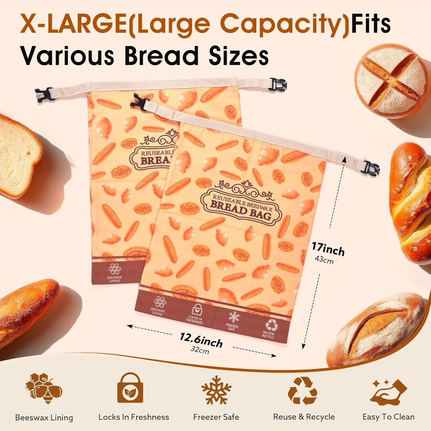 2 Pack Beeswax Bread Bags for Sourdough Homemade Bread, XL Cotton Lining Sourdough Reusable Natural Beeswax Bread Storage Bag, Keep Fresh and Upgraded Large Capacity Portable