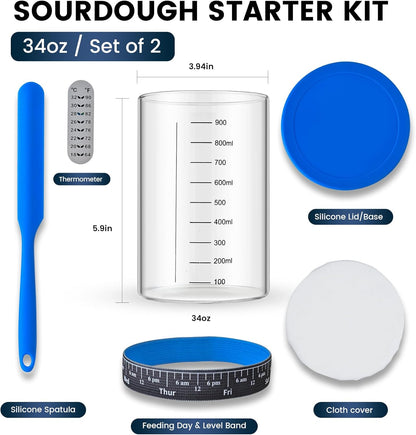 Sourdough Starter Jar,Sourdough Starter Kit – 2 Pack 34Oz Organic Sour Dough Glass Jars Wide Mouth,Fermenters Tool for Home Bakers,Bread Baking Supplies,Large Glass Container with Lid