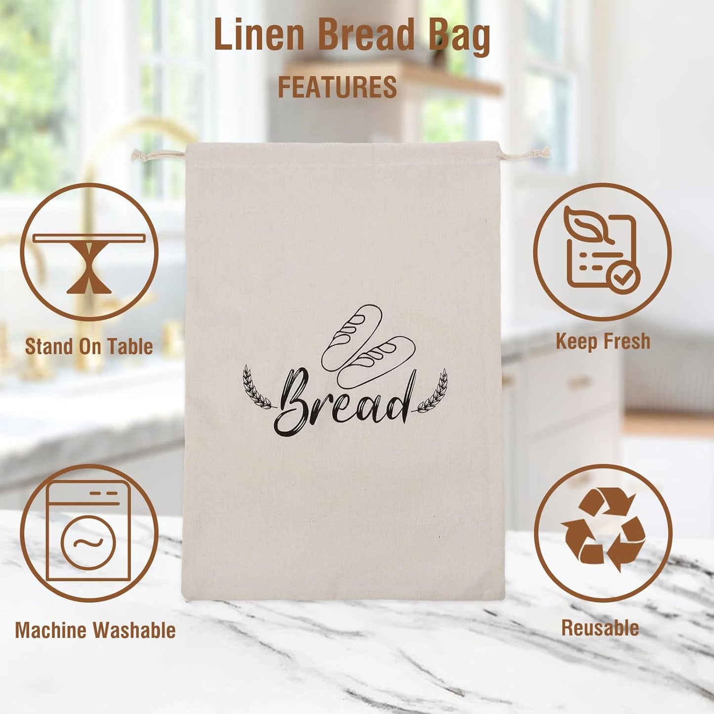 3 Pack Linen Bread Bags for Homemade Bread, Reusable Sourdough Bread Bags with P