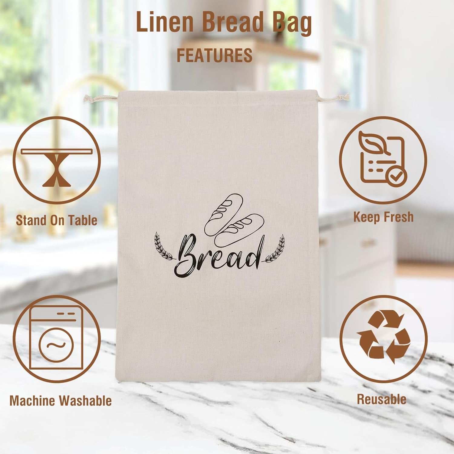 3 Pack Linen Bread Bags for Homemade Bread, Reusable Sourdough Bread Bags with P