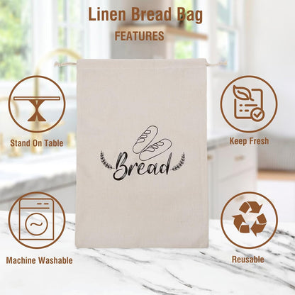 3 Pack Linen Bread Bags for Homemade Bread, Reusable Sourdough Bread Bags with P